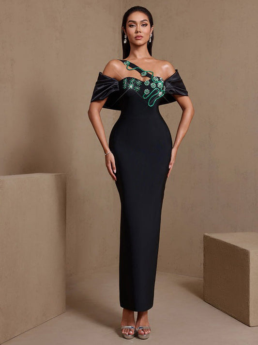 Ines Green Vine Crystal Floral Bandage Maxi Dress