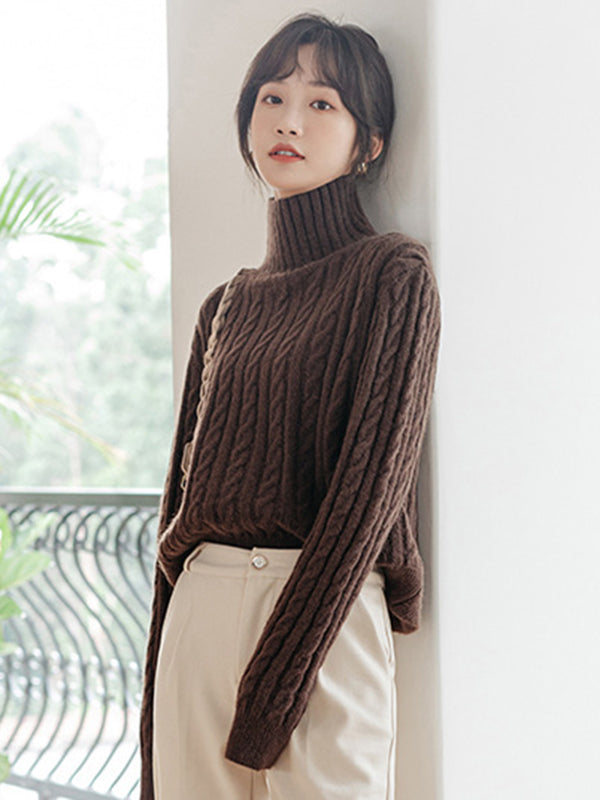 Casual Long Sleeves Loose Solid Color High-Neck Sweater Tops