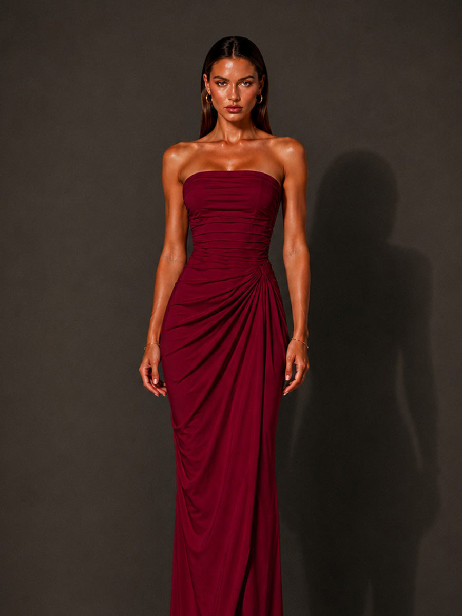 Isabella Strapless Ruched Bodycon Maxi Dress In Red
