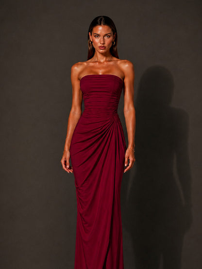 Isabella Strapless Ruched Bodycon Maxi Dress In Red