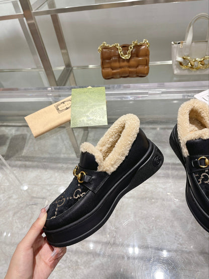 GG Snow Boots Black Calfskin Suede Wool 576251