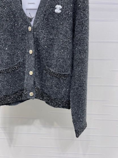 CC 26s Sequined V-Neck Cardigan Sweater Grey 344109