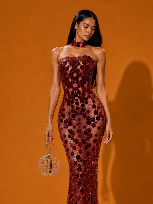 Charlotte Strapless Sequin and Pearl Maxi Dress In Red