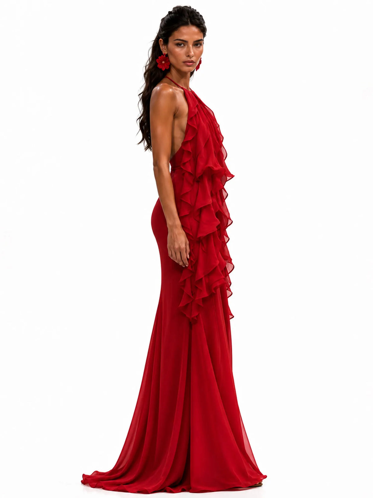 Ruby Ruffled Halter-Neck Open-Back Maxi Dress