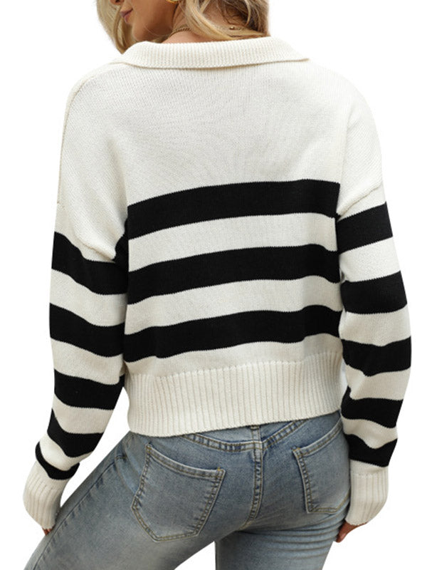 Simple Loose Striped Lapel Collar Long Sleeves Sweater Tops
