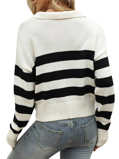 Simple Loose Striped Lapel Collar Long Sleeves Sweater Tops
