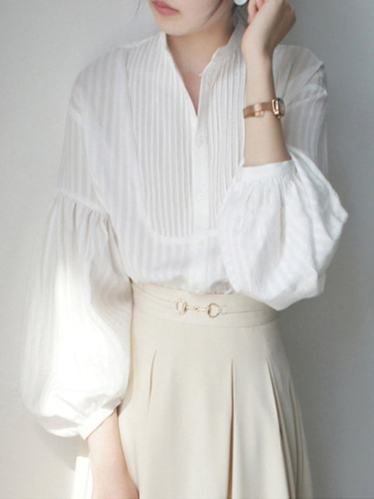 Loose Wrap Buttoned Pleated Solid Color Split-Joint Striped Blouses&Shirts Tops