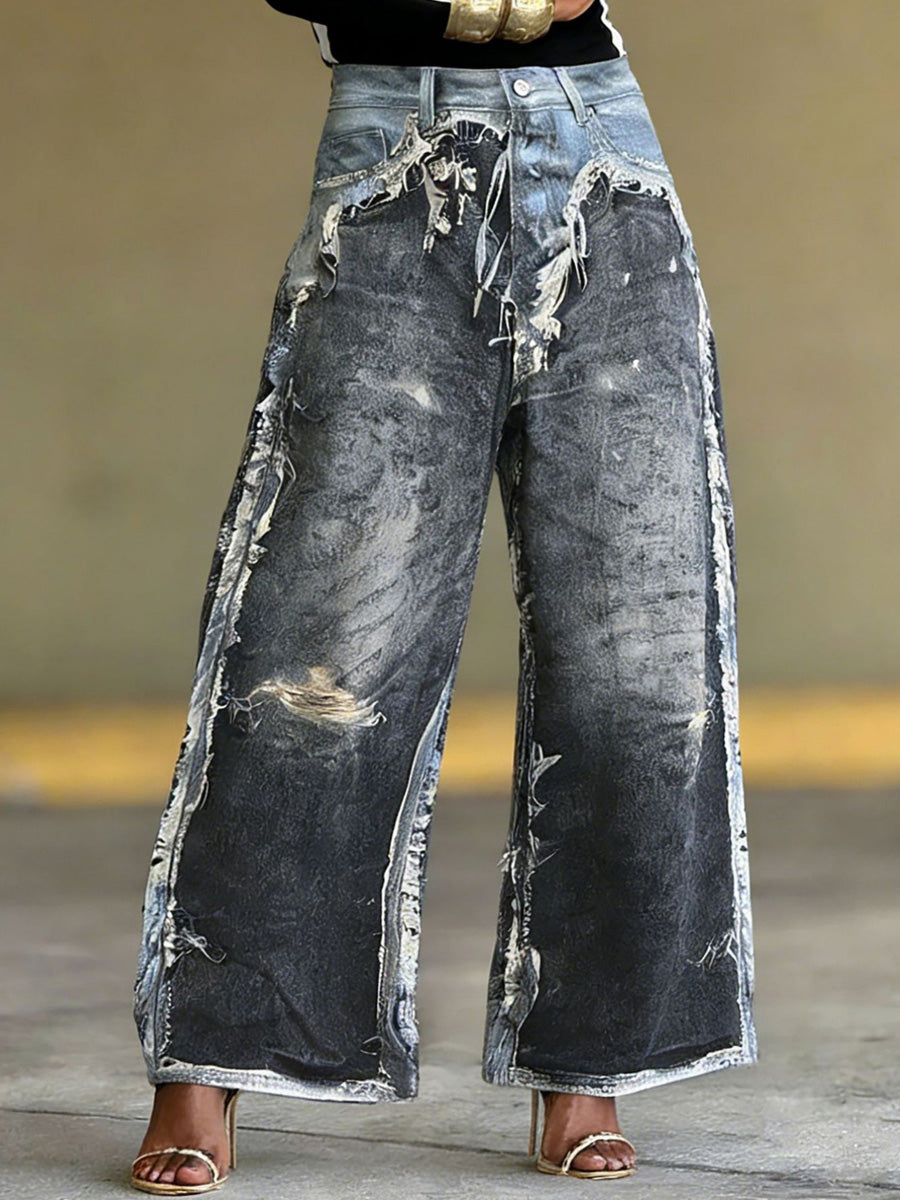 Chiara Distressed Faux Two-Piece 3D Printed Jeans