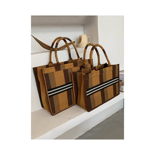 Vintage Contrast Color Striped Two Size Tote Bag