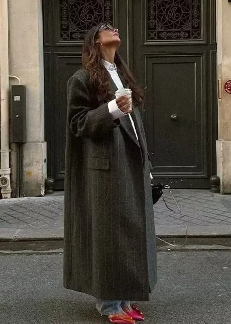 Long Woolen Coat Pinstripe Tailored Fit Gray