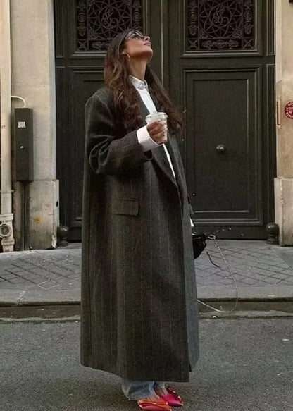 Long Woolen Coat Pinstripe Tailored Fit Gray