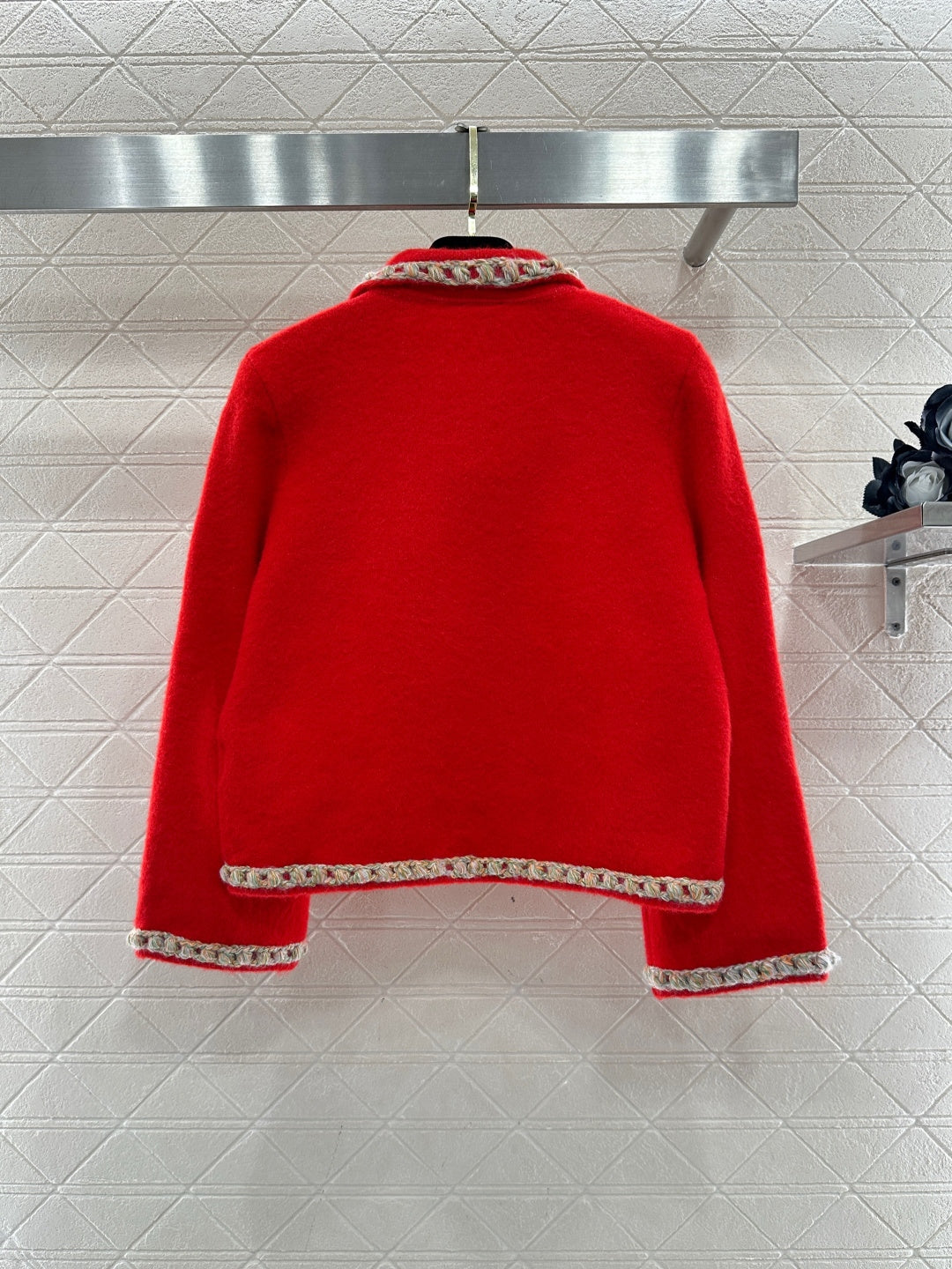 Chanel 25 Knitted Cardigan with Contrasting Trim Red in Wool 801436