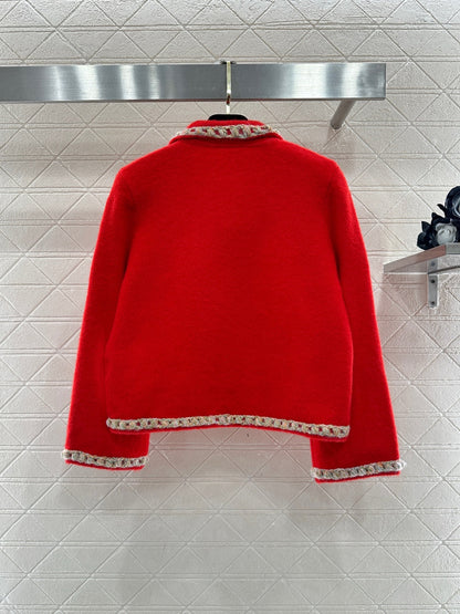 Chanel 25 Knitted Cardigan with Contrasting Trim Red in Wool 801436
