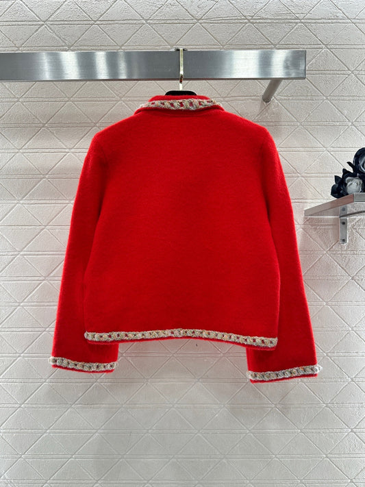 Chanel 25 Knitted Cardigan with Contrasting Trim Red in Wool 801436