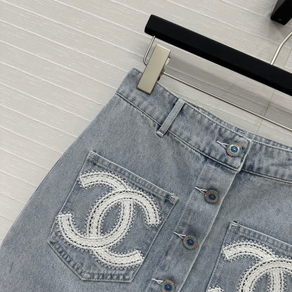 CC 25 Single-breasted Short Skirt Light Blue Denim Cotton