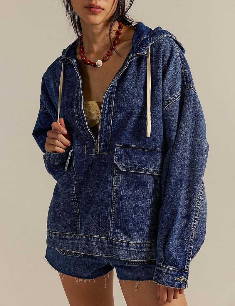 Casual Washed Denim Long Sleeve Hoodie