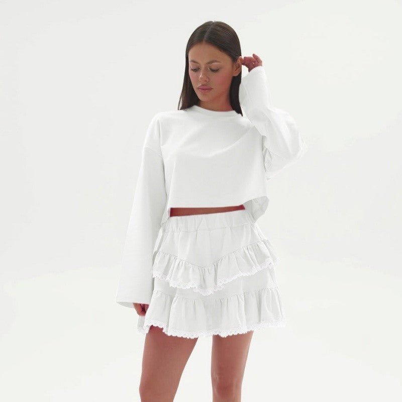 Color Block Crop Hoodie Lace Skirt Set