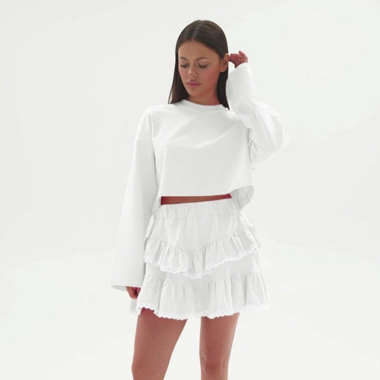 Color Block Crop Hoodie Lace Skirt Set
