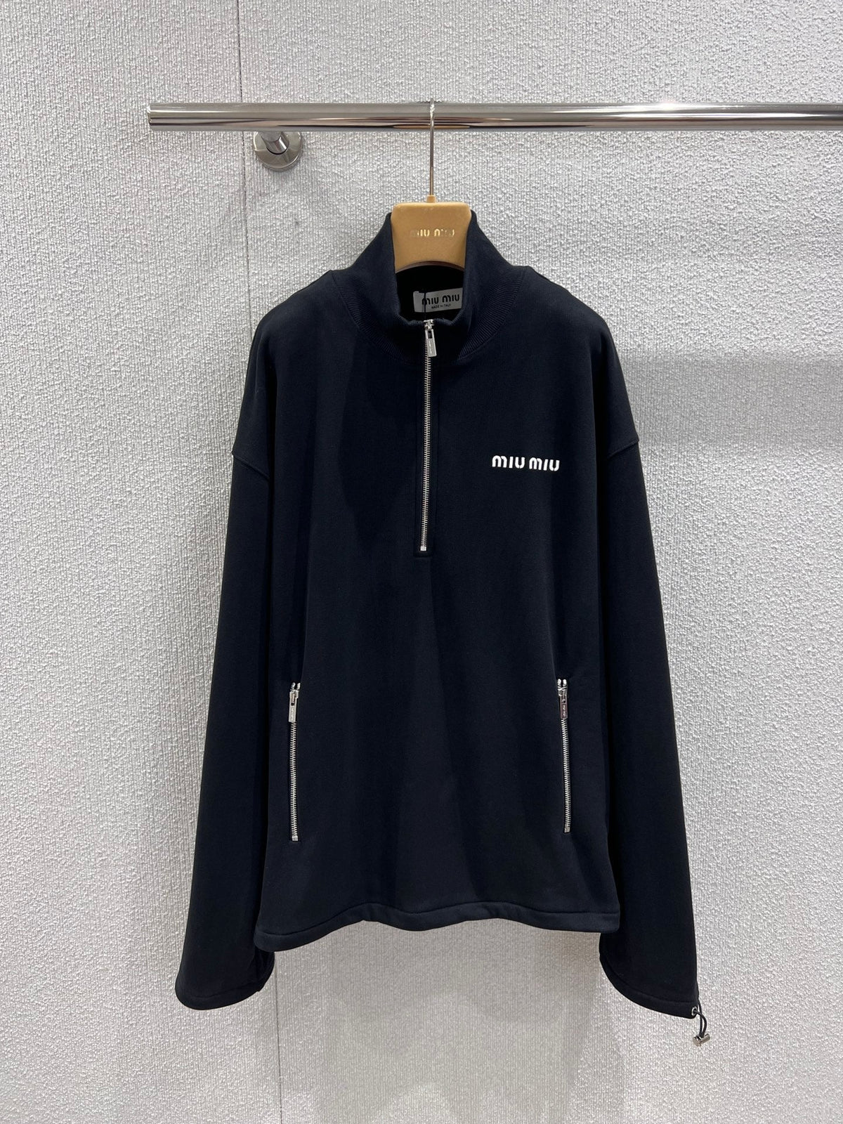 Miumiu 25FW Micro-logo Embroidered Half-zip Sweatshirt Black Cotton