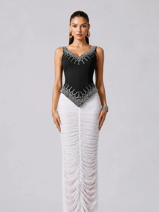 Paulina Spaghetti Strap V Neck Rhinestone Ruched Two Piece Maxi Dress
