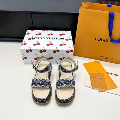 LV Maya Platform Sandals 6cm Blue Denim Beige Cowhide 572500
