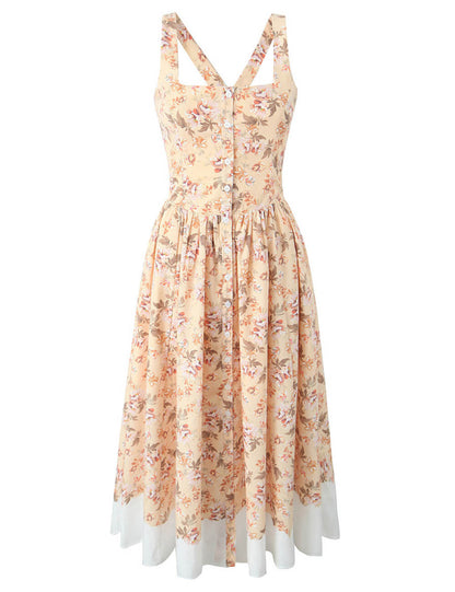 Elegant Square Neck Flower Print Maxi Dresses