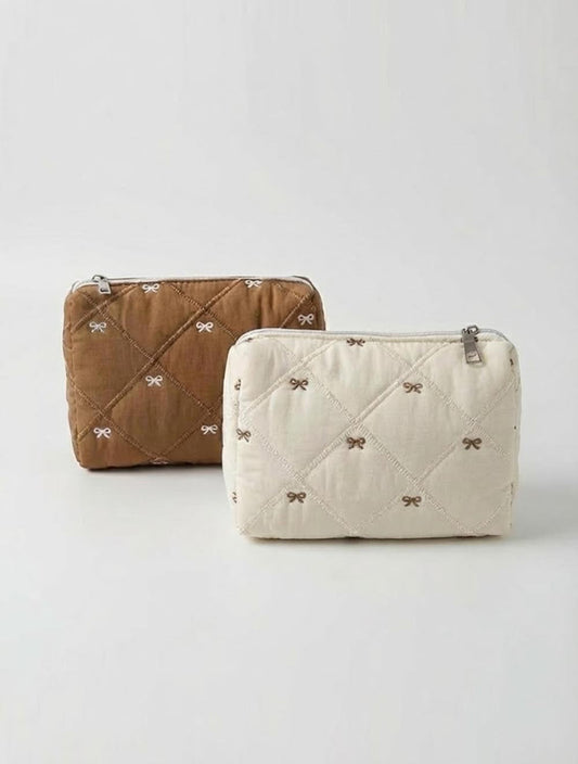 Simple Cotton Quilted Bow Embroidery Cosmetic Bag