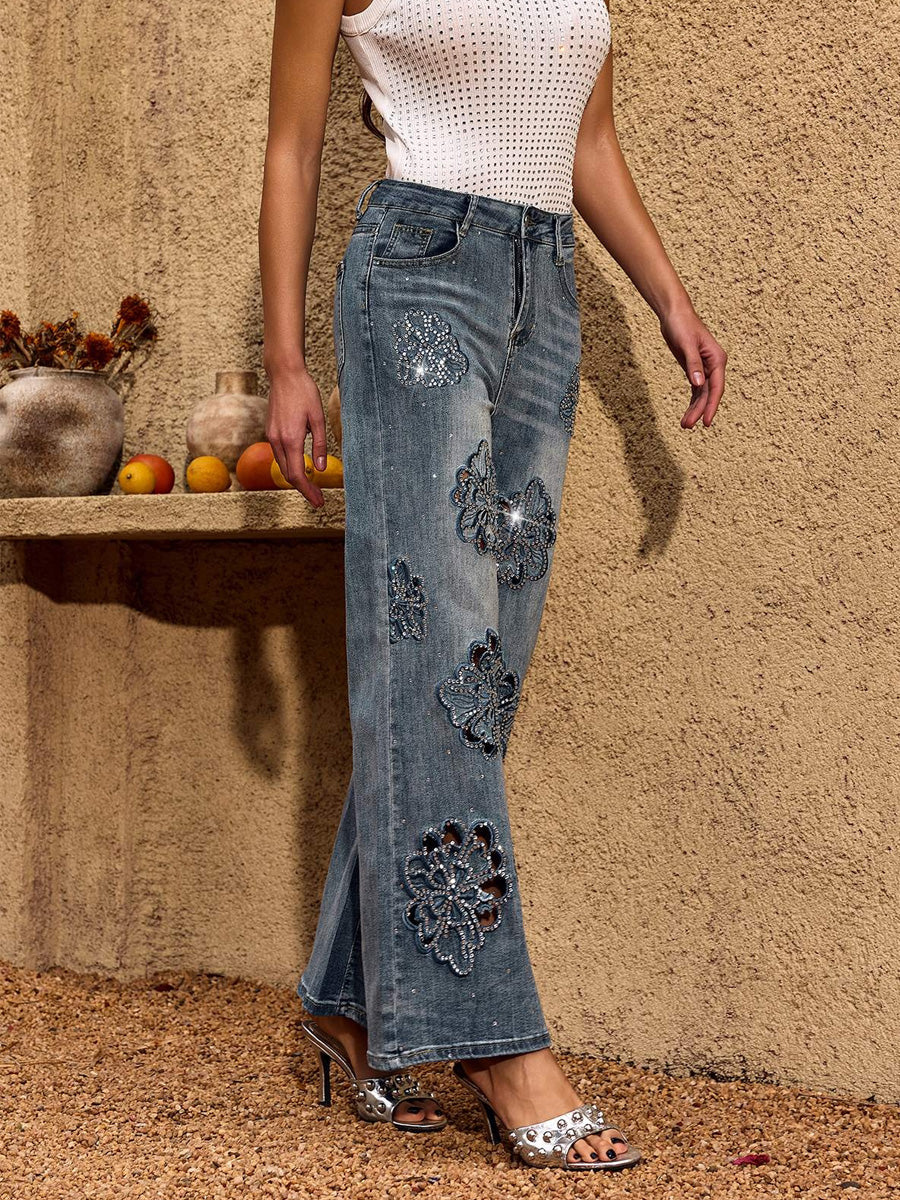 Lavinia Flower Rhinestone Straight Jeans