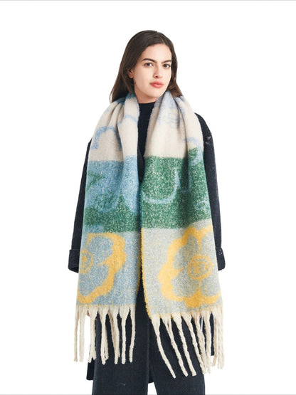 Scarvii - Retro Color-Block Fringe Scarf with Floral &amp; Leaf Patterns