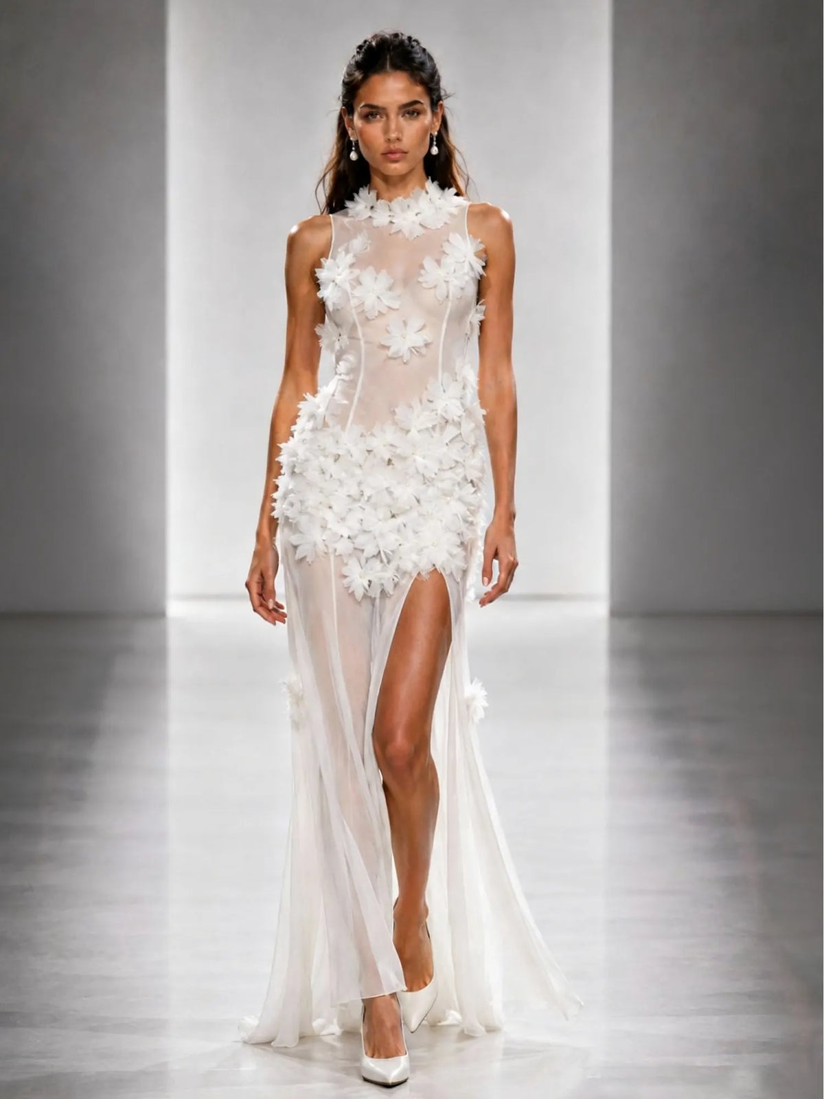 Esme 3D Floral Sheer Mesh Maxi Dress In White