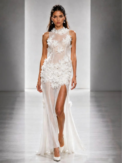 Esme 3D Floral Sheer Mesh Maxi Dress In White