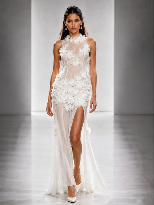 Esme 3D Floral Sheer Mesh Maxi Dress In White