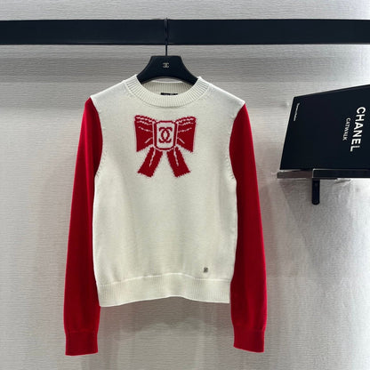 Chanel 2025 Bow Sweater White mix Red Wool 99220
