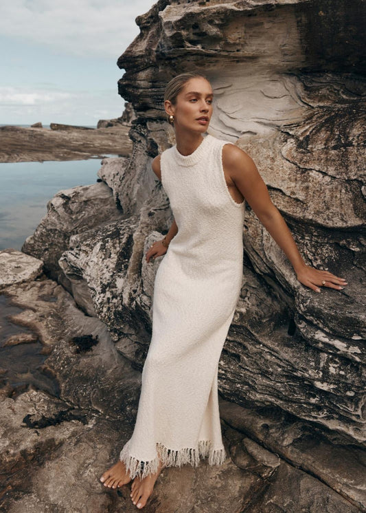 Sleeveless Knit Maxi Dress With Fringe Hem