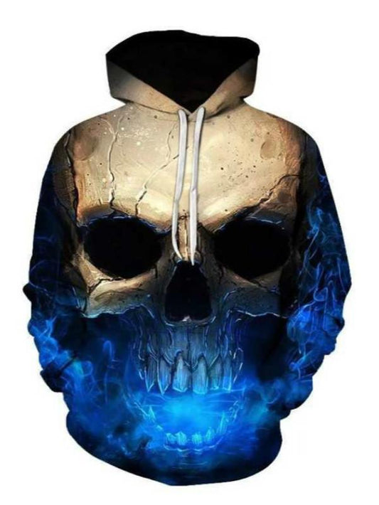 Autumn And Winter New 3D Blu-Ray Skull Print Men'S Sweater Fashion Hooded Long-Sleeved European Style Pullover Sweater