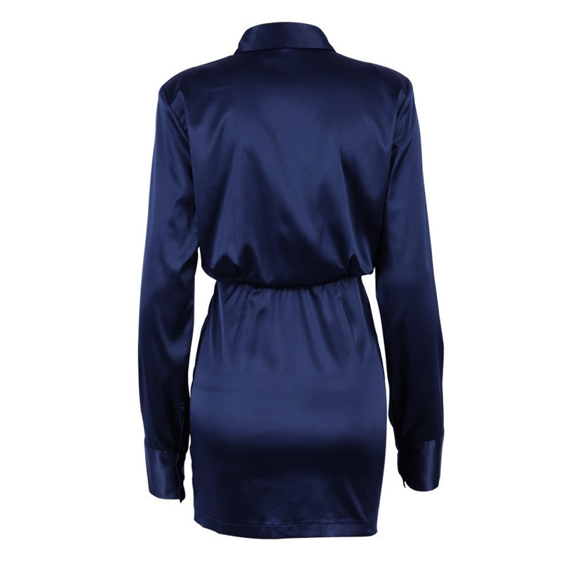 Solid Color Long Sleeve Shirt Wrap Hip Short Dress