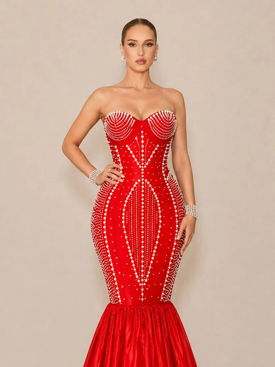 Arielle Sexy Strapless Pearl-Beaded Maxi Dress