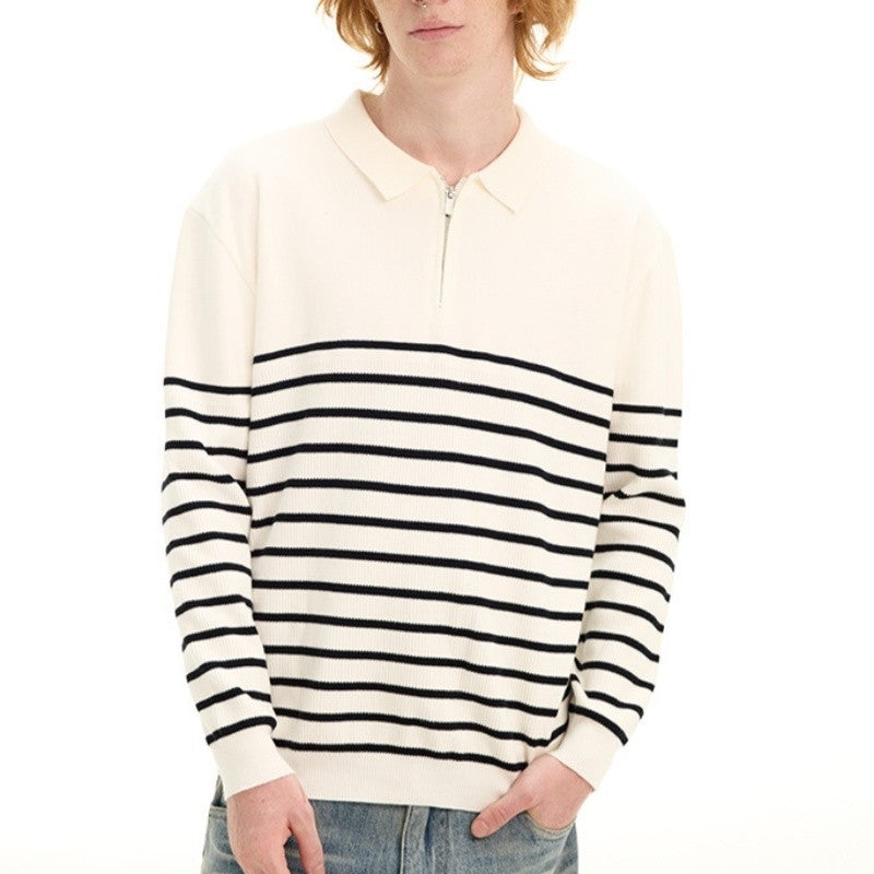 Color Block Striped Semi Zip Polo Shirt