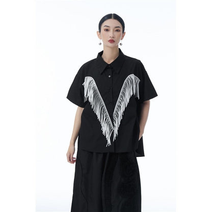 Fringe Spliced Short Sleeve Shirt Loose Retro Design