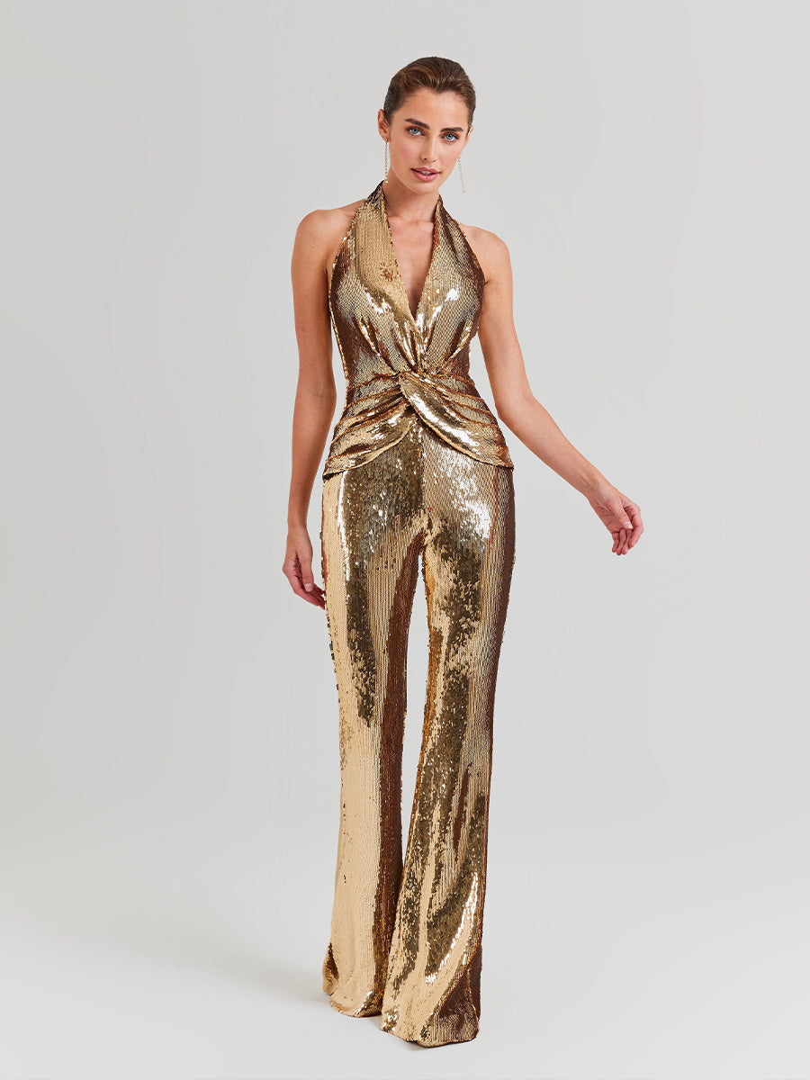 Enoch Backless Twisted Sequin Jumpsuit