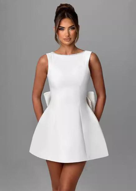 Mini Dress White Sleeveless Pearl Trim Bow Back