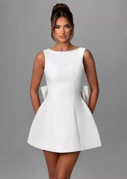 Mini Dress White Sleeveless Pearl Trim Bow Back
