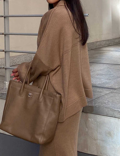 2 Pcs Trendy Knit V-Neck Sweater Maxi Skirt Set