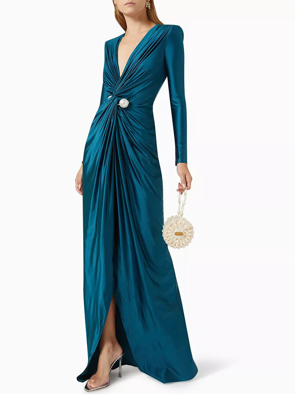 Bodycon Long Sleeves Pleated Solid Color Split-Front Tied Waist Deep V-Neck Maxi Dresses