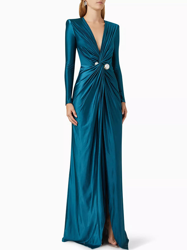 Bodycon Long Sleeves Pleated Solid Color Split-Front Tied Waist Deep V-Neck Maxi Dresses