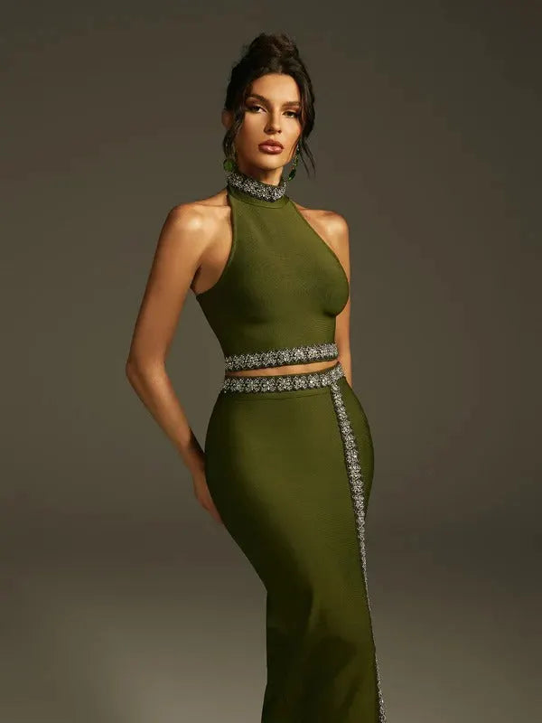Landri Halterneck Crystal Bandage Skirt Set
