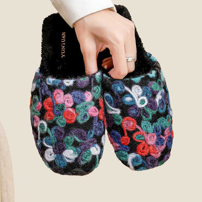 Flower Embroidery Soft Warm Plush Indoor Slippers