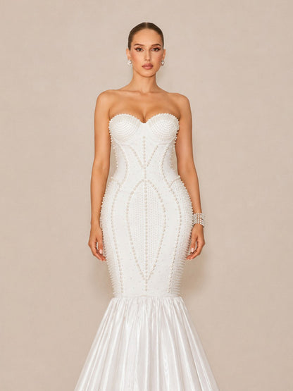 Arielle Sexy Strapless Pearl-Beaded Maxi Dress