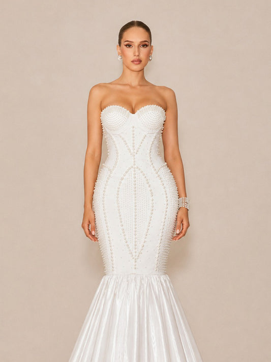 Arielle Sexy Strapless Pearl-Beaded Maxi Dress