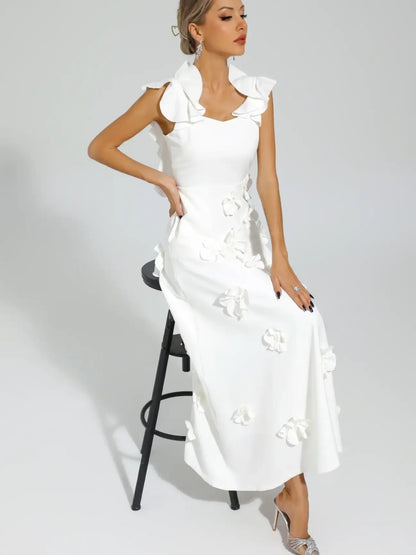 Elara Floral Applique Halter Maxi Dress